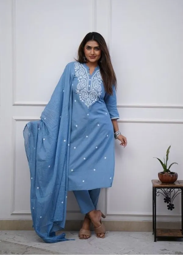 Women_Embroidered_Panel_Worked_Straight_Cotton_Blue_Kurta_With_Pant_and_Dupatta