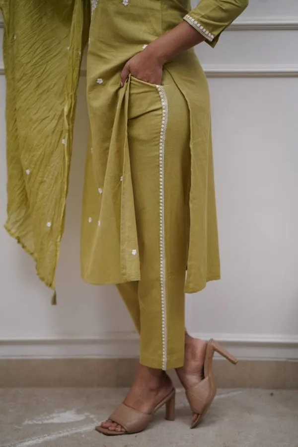Women_Embroidered_Panel_Worked_Straight_Cotton_Mehndi_Green_Kurta_With_Pant_And_Dupatta