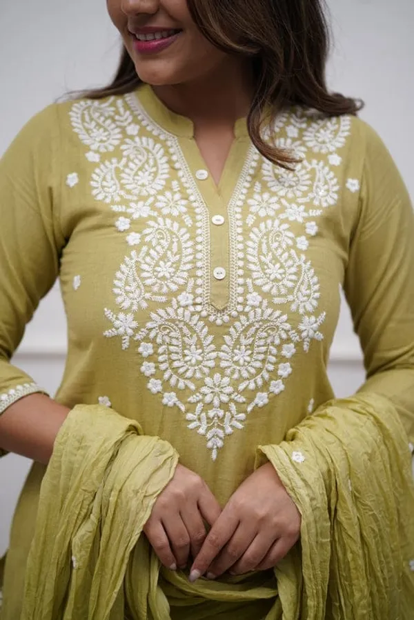 Women_Embroidered_Panel_Worked_Straight_Cotton_Mehndi_Green_Kurta_With_Pant_And_Dupatta