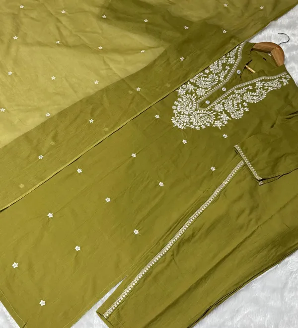Women_Embroidered_Panel_Worked_Straight_Cotton_Mehndi_Green_Kurta_With_Pant_And_Dupatta