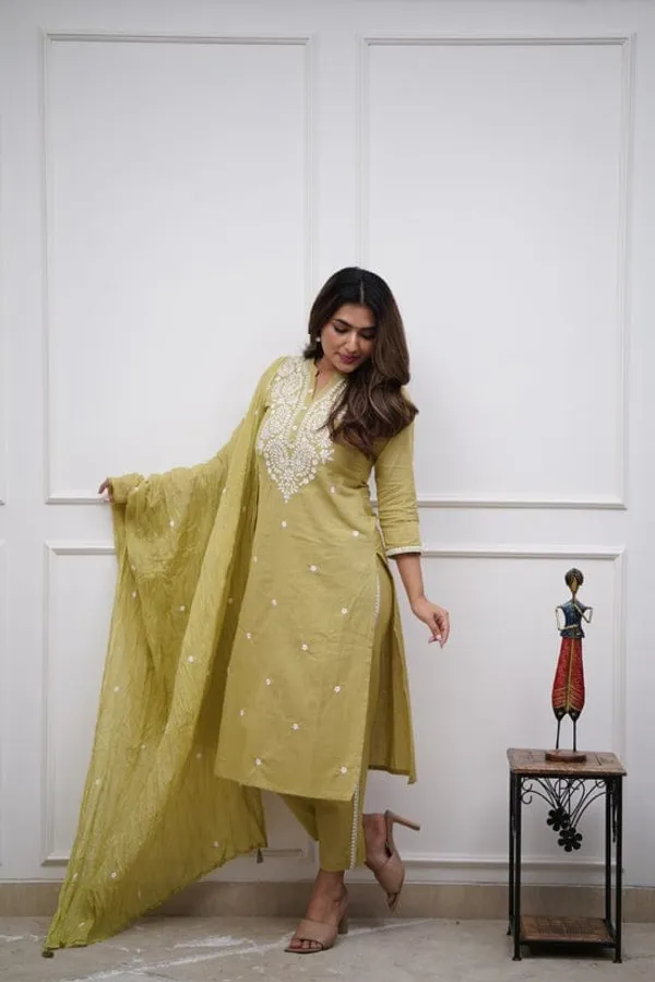 Women_Embroidered_Panel_Worked_Straight_Cotton_Mehndi_Green_Kurta_With_Pant_And_Dupatta