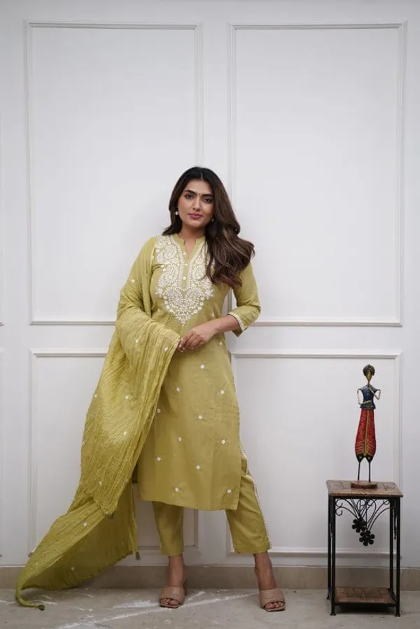 Women_Embroidered_Panel_Worked_Straight_Cotton_Mehndi_Green_Kurta_With_Pant_And_Dupatta