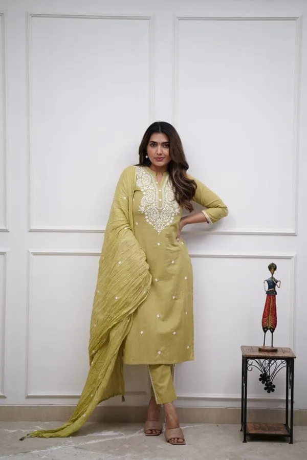 Women_Embroidered_Panel_Worked_Straight_Cotton_Mehndi_Green_Kurta_With_Pant_And_Dupatta