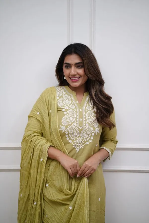Women_Embroidered_Panel_Worked_Straight_Cotton_Mehndi_Green_Kurta_With_Pant_And_Dupatta