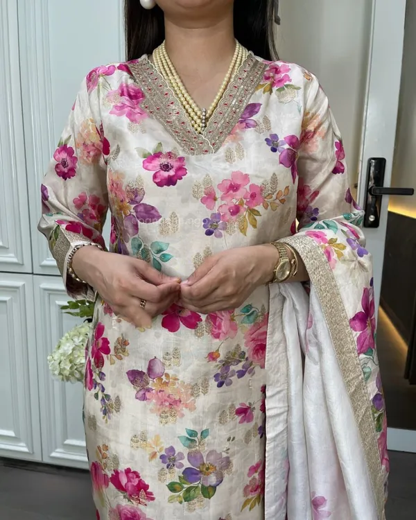 Women_Neck_Embroidery_Banana_Silk_Suit_Set_Shades_Of_Pink_Purple_And_Green_Digitally_Printed_Kurta_Matching_Pant_And_A_Floral_Dupatta