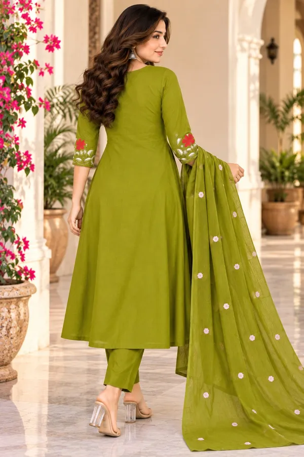 Women_Olive_Green_Floral_Embroidered_Cotton_Pintex_Kurta_with_Pant_&_Dupatta