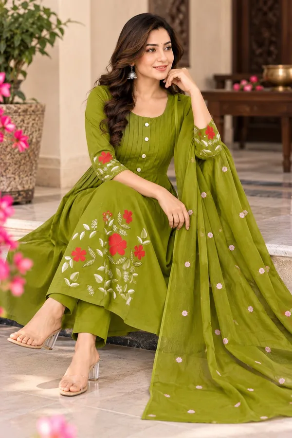 Women_Olive_Green_Floral_Embroidered_Cotton_Pintex_Kurta_with_Pant_&_Dupatta