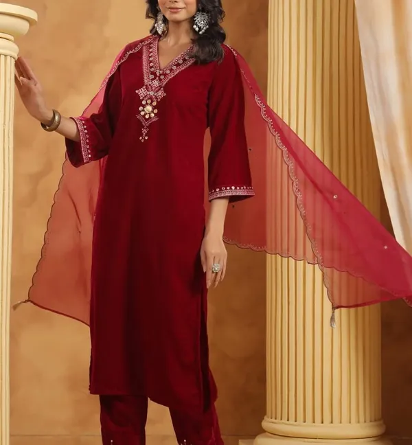 Women_Pure_Velvet_Fabric_V_Neck_Panel_Mirror_and_Embroidered_Worked_Kurti_With_Pant_and_Organza_Dupatta