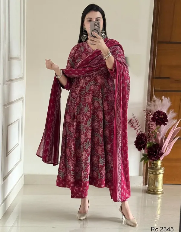 Women_Straight_Angrakha_Style_Floral_Printed_Cotton_Maroon_Kurta_With_Pant_And_Dupatta