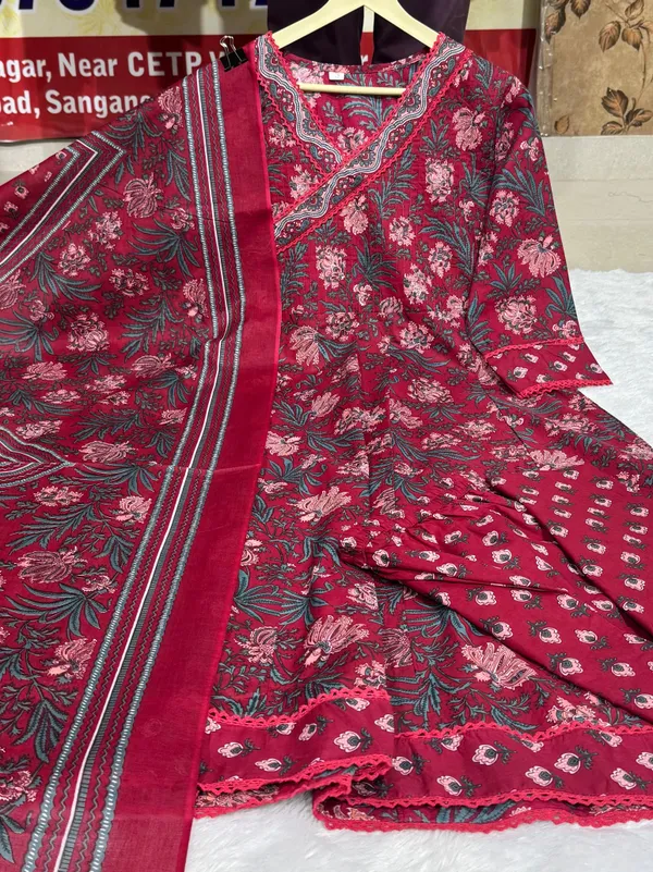 Women_Straight_Angrakha_Style_Floral_Printed_Cotton_Maroon_Kurta_With_Pant_And_Dupatta
