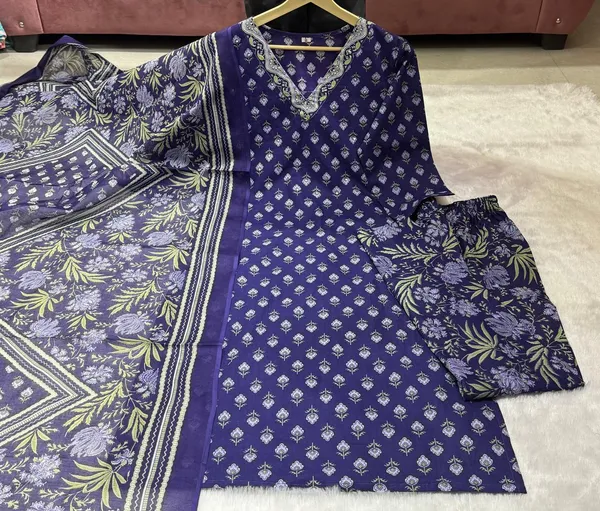 Women_Straight_V_Neck_Floral_Printed_Cotton_Blue_Kurta_With_Pant_And_Dupatta