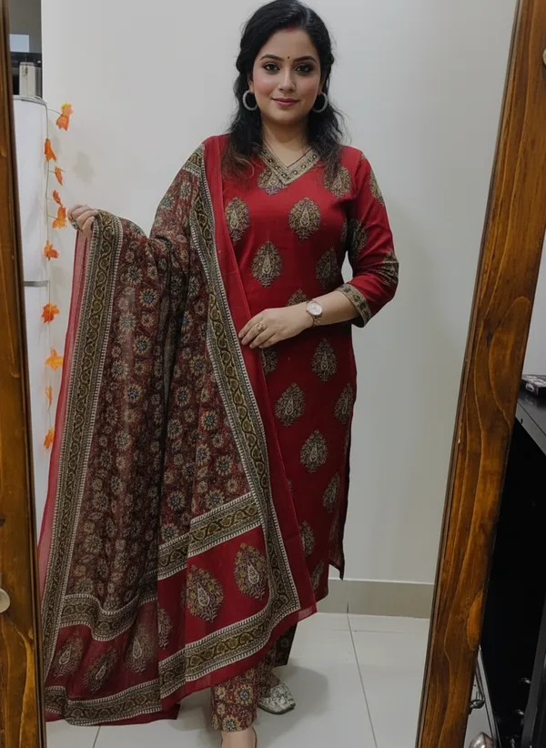 Women_Straight_V_neck_Floral_Printed_Cotton_Red_Kurta_With_Pant_and_Dupatta