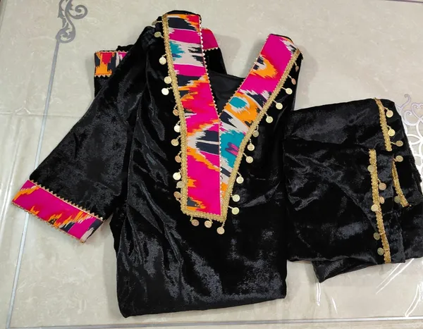 Women_Tassels_Worked_on_Neck_Black_Velvet_Kurti_With_Pant