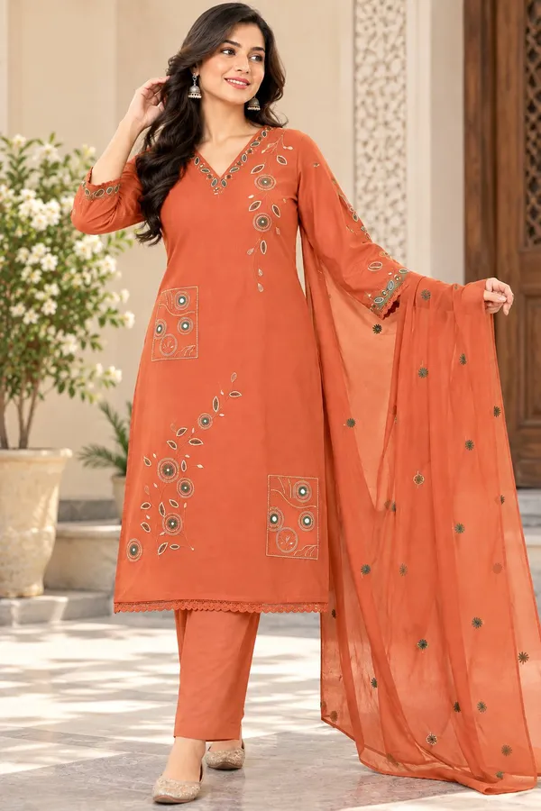 Women_Vibrant_Orange_Embroidered_Cotton_Kurta_With_Pant_and_Dupatta