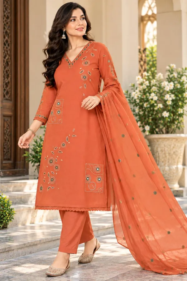 Women_Vibrant_Orange_Embroidered_Cotton_Kurta_With_Pant_and_Dupatta