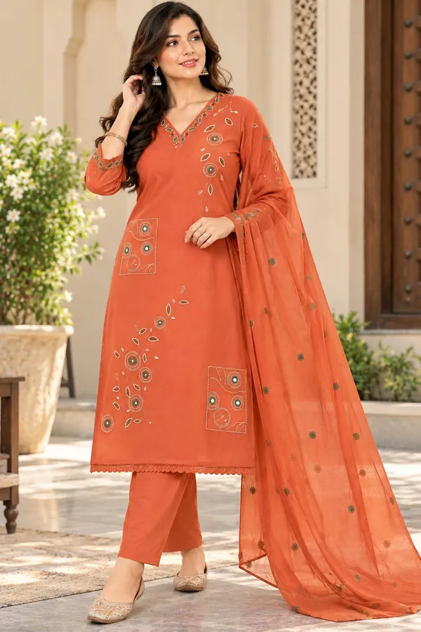 Women_Vibrant_Orange_Embroidered_Cotton_Kurta_With_Pant_and_Dupatta
