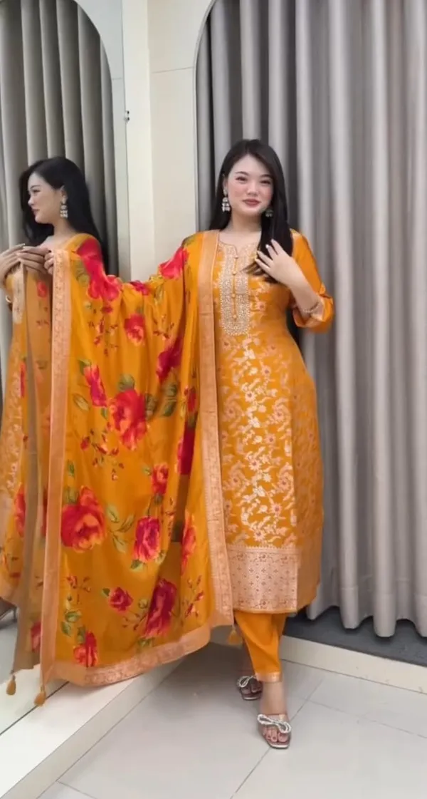 Women_Zari_Coated_Premium_Chanderi_Orange_Kurta_With_Pant_and_Premium_Banaras_Jacquard_Dupatta