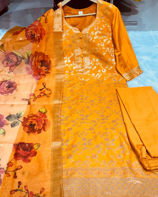 Women_Zari_Coated_Premium_Chanderi_Orange_Kurta_With_Pant_and_Premium_Banaras_Jacquard_Dupatta
