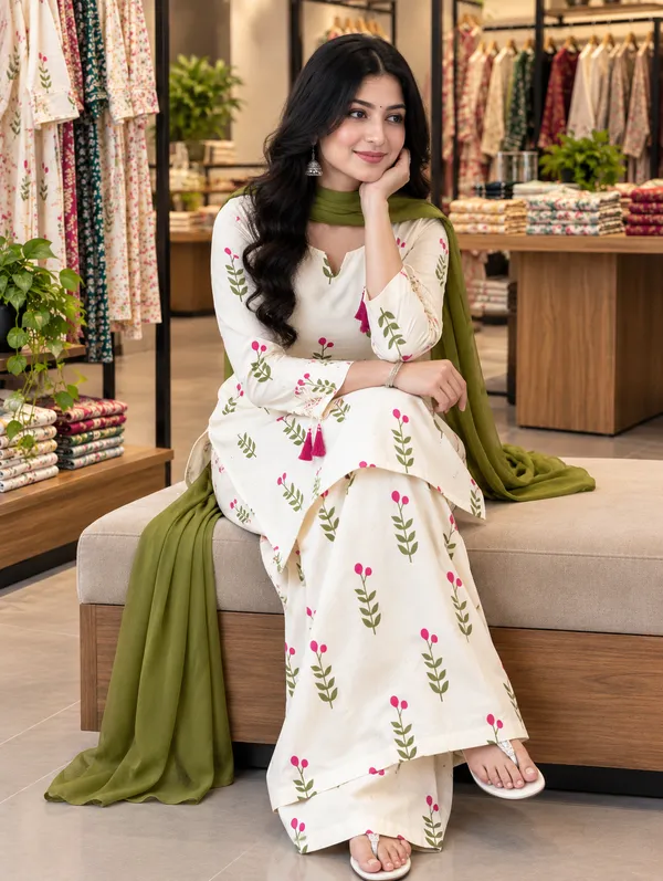 Women_And_Girls_Farshi_Cotton_Flower_Printed_White_Kurti_With_Back_Side_Dori_With_Patiyala_Pant_And_Green_Dupatta