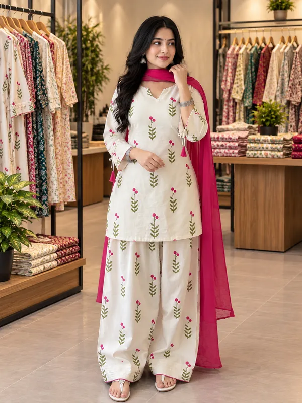Women_And_Girls_Farshi_Cotton_Flower_Printed_White_Kurti_With_Back_Side_Dori_With_Patiyala_Pant_And_Pink_Dupatta