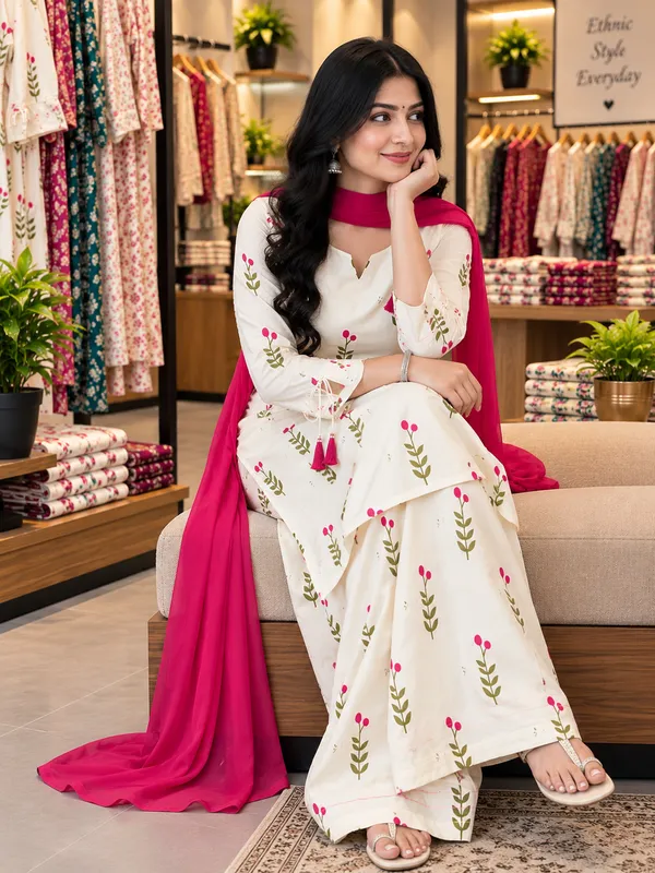 Women_And_Girls_Farshi_Cotton_Flower_Printed_White_Kurti_With_Back_Side_Dori_With_Patiyala_Pant_And_Pink_Dupatta