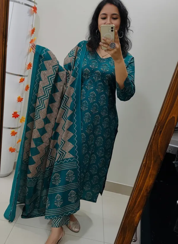Women_Jaipuri_Trendy_Flower_Printed_And_Sequince_Worked_Cotton_Rama_Kurta_With_Pant_And_Dupatta