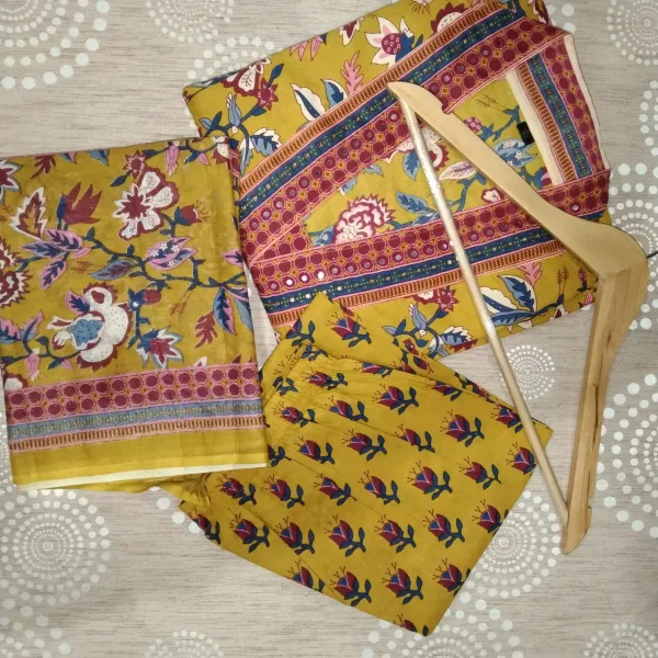 Mustard_Yellow_Women_Beautiful_Cotton_Flower_Printed_Neckline_Worked_Kurta_And_Pant_With_Cotton_Mulmul_Dupatta
