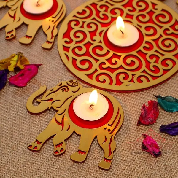 Handmade_MDF_Cutting_4_Elephant_Tealight_with_1_Tealight_Diya_Set