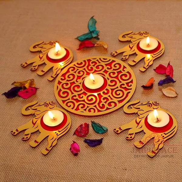 Handmade_MDF_Cutting_4_Elephant_Tealight_with_1_Tealight_Diya_Set