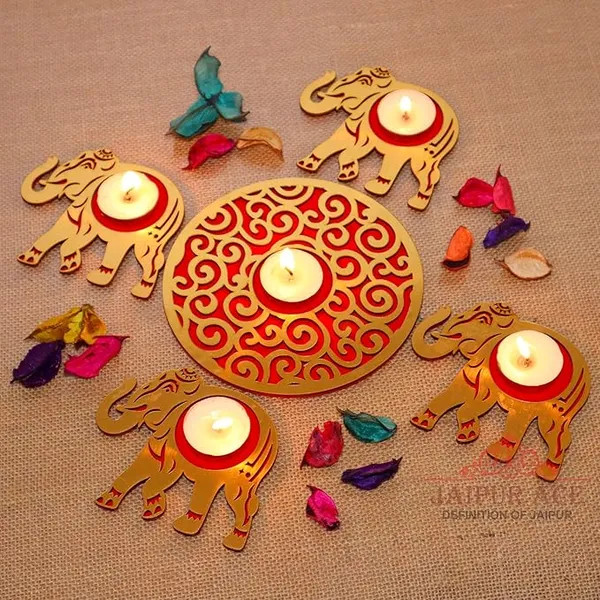 Handmade_MDF_Cutting_4_Elephant_Tealight_with_1_Tealight_Diya_Set
