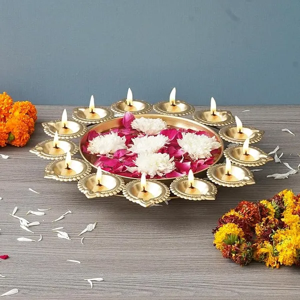 Golden_Metal_Handcrafted_Designer_Urli_with_13_Diyas