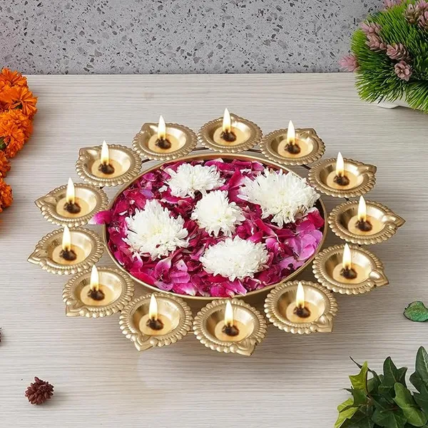 Golden_Metal_Handcrafted_Designer_Urli_with_13_Diyas