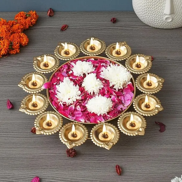 Golden_Metal_Handcrafted_Designer_Urli_with_13_Diyas