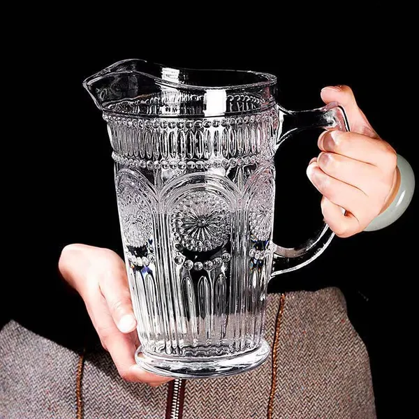 1.5_Liter_Premium_Juice_and_Water_Glass_Pitcher_jug_with_Lid_and_Jug_Romantic_Style_Water_jug_with_Handle_hot_Cold_Water,_ice_Lemon_Tea(Set_of_1)