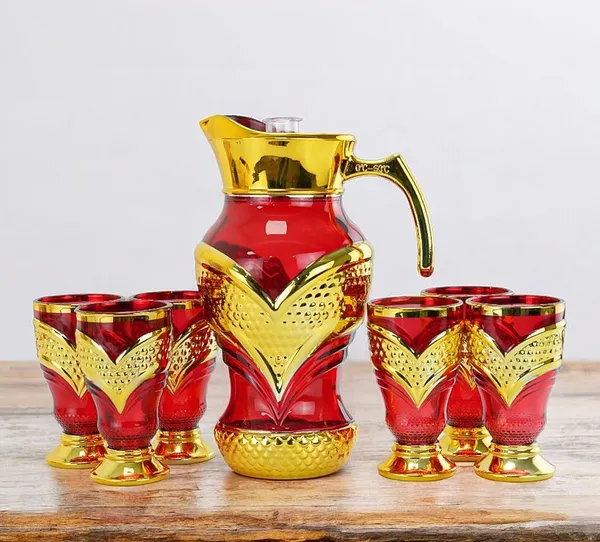 Premium_Red__Golden__Water_and_Juice_Glasses_Set_of_6_and_Jug_Set_Combo,(6_Pieces_Glasses_350_ML_and_1_Water_Jug_1.8_Liter)