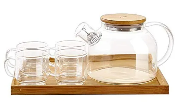 750ML_Glass_Kettle_1_Teapot_Bamboo_Lid_with_1_Wooden_Tray_and_4_Tea_Cup_Tableware_Serving_Set_Heat-Resistant_Glass_Hot_Water_Flower_Brewed_Loose_Leaf_Tea_Filter_Spout-_Set_of_6