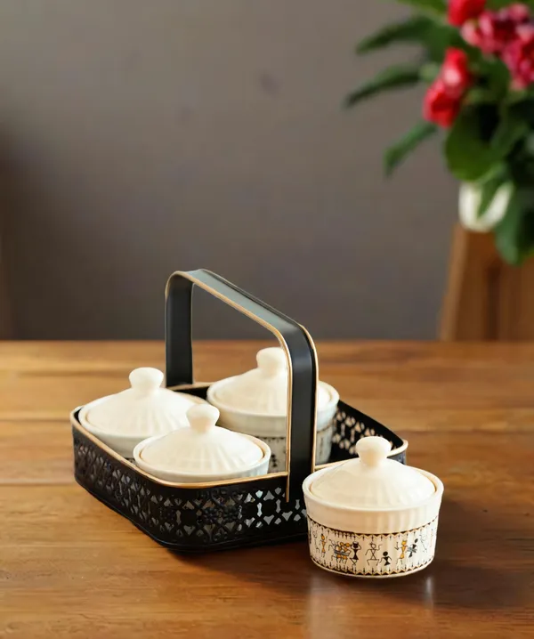 Ceramic_Pickle_Jars_&_Iron_Holder_(Non_Air-Tight,_Set_of_4,_160_ml_Each)_|_Handcrafted_Ceramic_Jars_for_Kitchen_Storage,_Black_and_Ivory_White