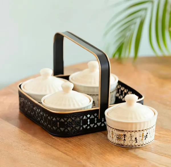 Ceramic_Pickle_Jars_&_Iron_Holder_(Non_Air-Tight,_Set_of_4,_160_ml_Each)_|_Handcrafted_Ceramic_Jars_for_Kitchen_Storage,_Black_and_Ivory_White