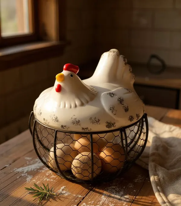 White_Ceramic_Hen-Shaped_Egg_Basket_with_Wire_Mesh_&_Farmhouse_Chicken_Lid