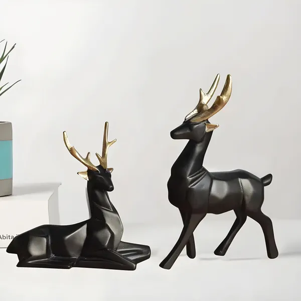 MAXXINN_Black_Matte_Poly_Resin_'Lucky_Deer_Family'_Showpiece_Deer_Statue_Figurine