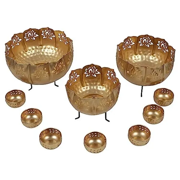 Iron_Lotus_Urli_with_Stand_Pot_for_Floating_Flower/Candle_Festive_Decor_Set_of_13_Piece_14/12/10_Size_with_Stand_and_7_Votives_Small_Bowl_3.5_inch_Each_|_Golden