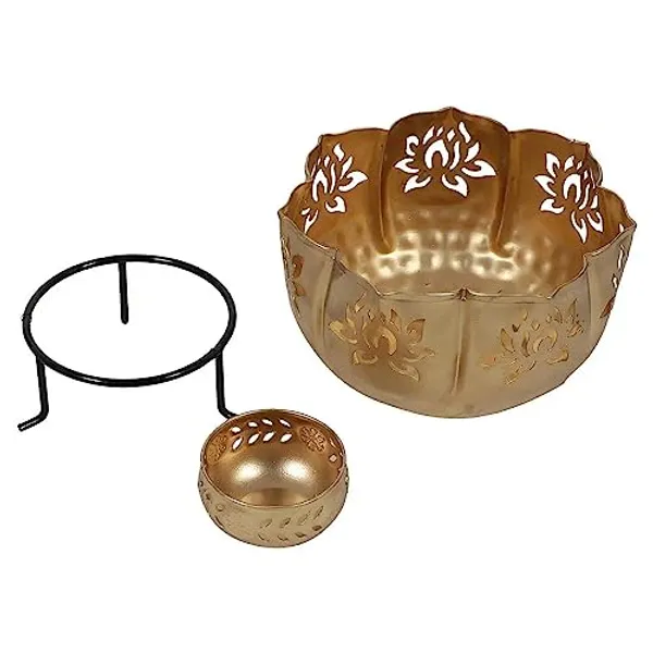 Iron_Lotus_Urli_with_Stand_Pot_for_Floating_Flower/Candle_Festive_Decor_Set_of_13_Piece_14/12/10_Size_with_Stand_and_7_Votives_Small_Bowl_3.5_inch_Each_|_Golden