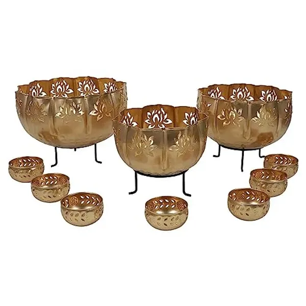 Iron_Lotus_Urli_with_Stand_Pot_for_Floating_Flower/Candle_Festive_Decor_Set_of_13_Piece_14/12/10_Size_with_Stand_and_7_Votives_Small_Bowl_3.5_inch_Each_|_Golden