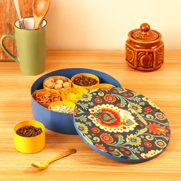 Floral-Etched'_Handcrafted_Brass_platium_Spice_Box_Set_For_Kitchen_With_Spoon_(7_Containers,_40_ML)_-_Masala_Container_Masala_Dabba