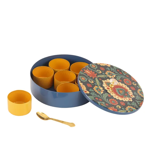 Floral-Etched'_Handcrafted_Brass_platium_Spice_Box_Set_For_Kitchen_With_Spoon_(7_Containers,_40_ML)_-_Masala_Container_Masala_Dabba