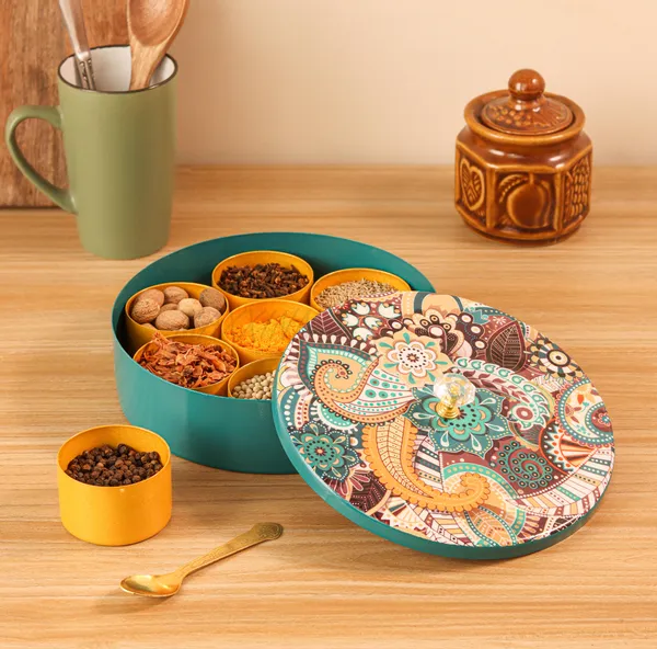 Floral-Etched'_Handcrafted_Brass_platium_Spice_Box_Set_For_Kitchen_With_Spoon_(7_Containers,_40_ML)_-_Masala_Container_Masala_Dabba