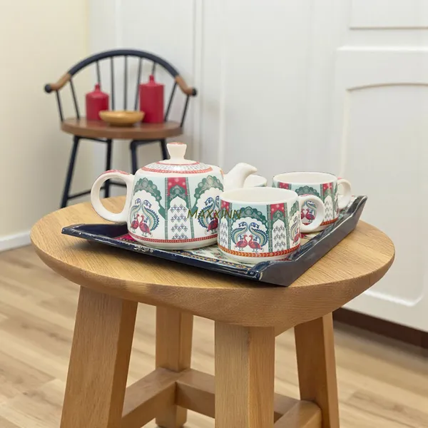 _Peacock_Design_Ceramic_Mini_Teapot_Set_with_2_Cups,_Bowl_&_Wooden_Tray
