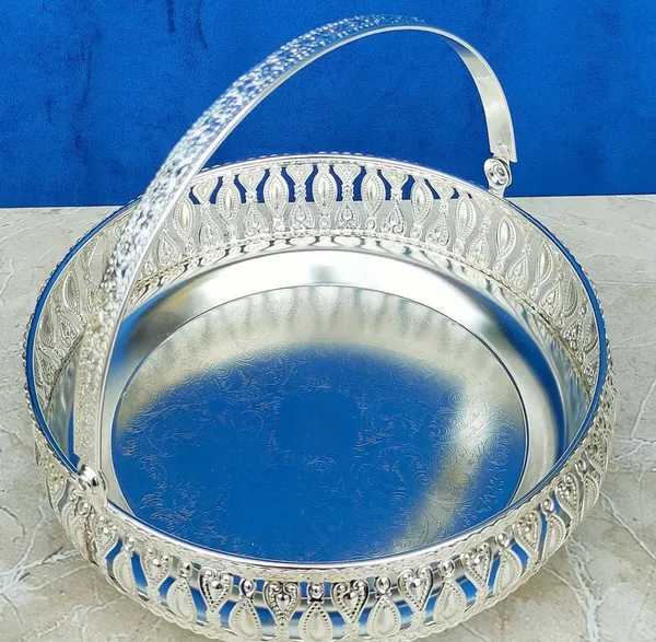 New_Puja_Metal_Basket_Silver_Round_Shape/Puja_Basket/Tokri/Kandi/With_Handle/dalia/Puja_item/Gift_hamper/10"