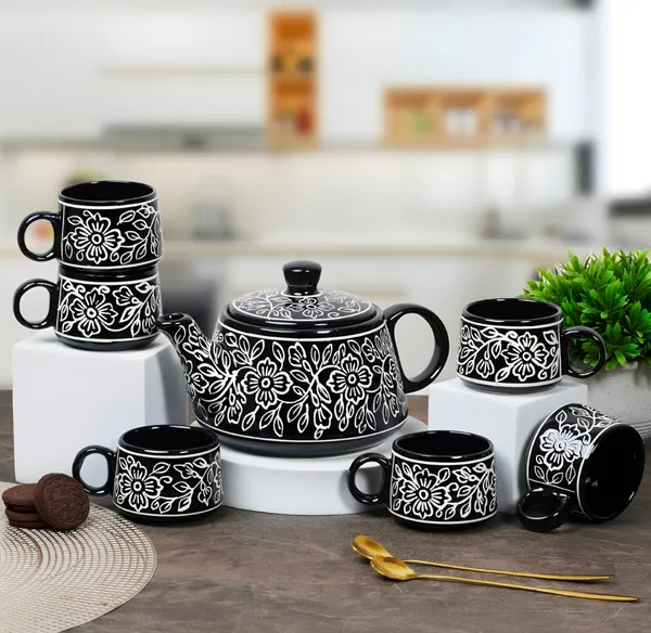 Ceramic_Black_Floral_Design_Teapot_Set_with_6_Cups_?_Elegant_Tea_&_Coffee_Serving_Set