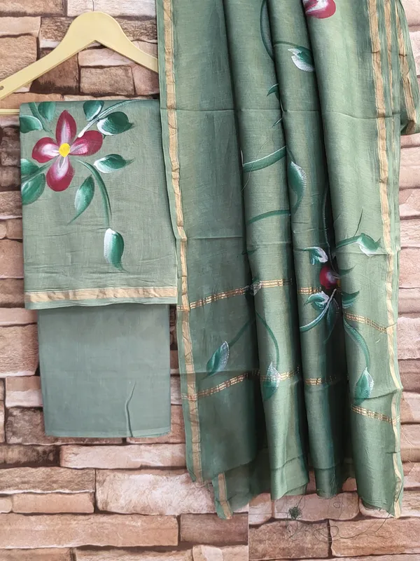 Green_Hand_Painted_Chanderi_Silk_Suit_–_Set_of_3